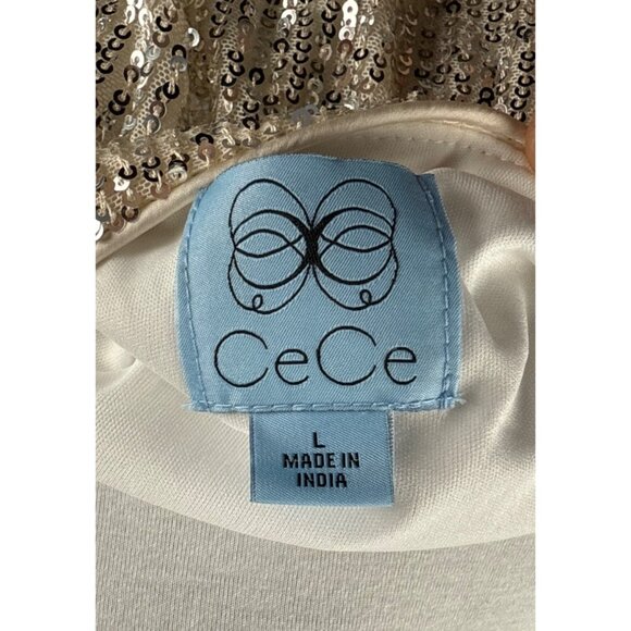 CeCe Champagne Sequin V-Neck Midi Short Sleeve Dress L - Picture 7 of 8
